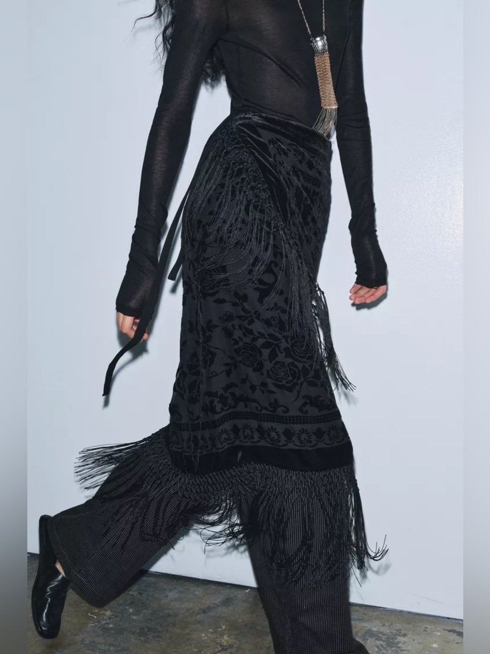 Zara Black Velvet Fringe Wrap Midi Skirt - Picture 4 of 15